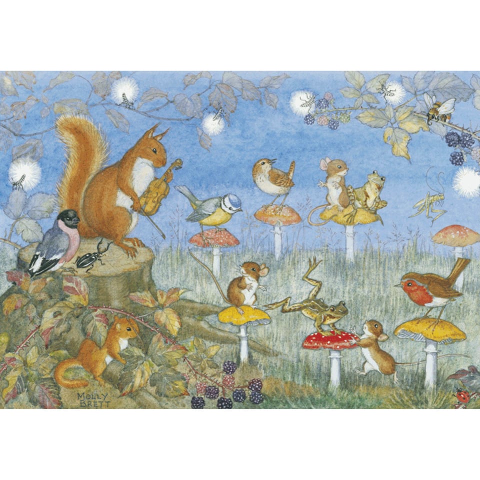 Asichtkaart - Musical Chairs' with Mice, Birds, Frogs Etc and Toadstool Chairs