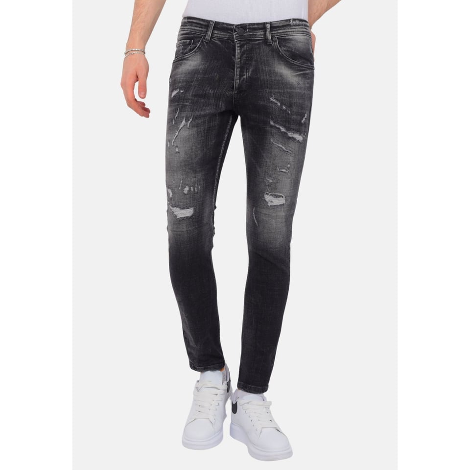 Destroyed Jeans with Paint Splatter Heren - Slim Fit -1086- Zwart