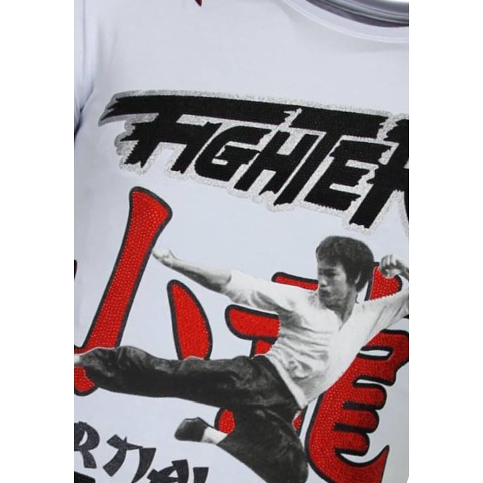 Fighter - Bruce Lee T-Shirt Rhinestones - Wit