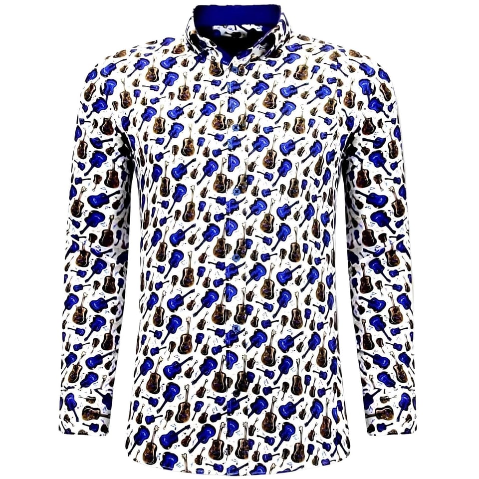 Luxe Heren Overhemden Met Gitaar Print - 3069 - Wit/Blauw