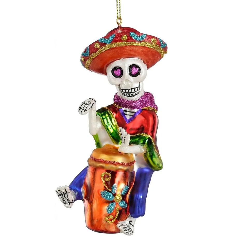 Kerstbal Dia De Los Muertos Drummer Glas 7x13cm