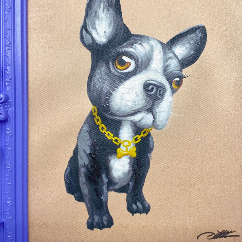 Schilderij Franse Bulldog in Lila Barok Lijst 30x35cm Handgeschilderd