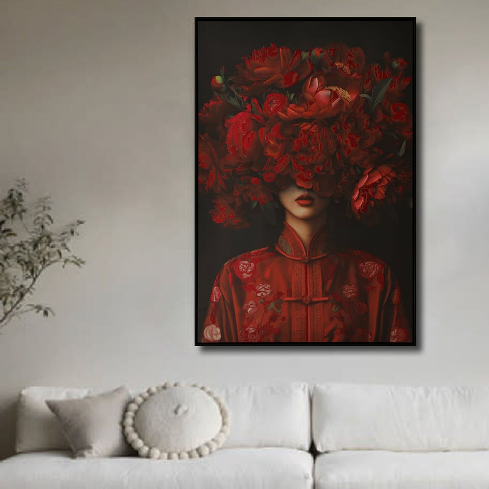 Schilderij Vrouw Met Rode Bloemen Op Canvas 83x123cm Ingelijst