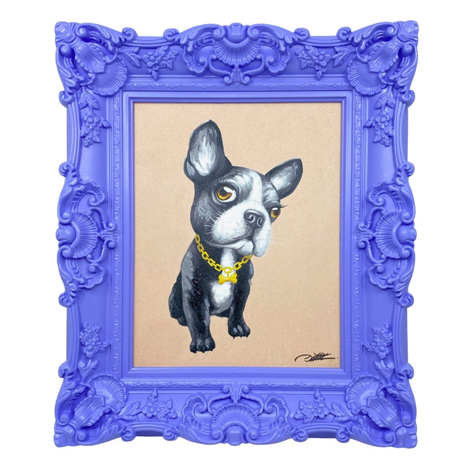 Schilderij Franse Bulldog in Lila Barok Lijst 30x35cm Handgeschilderd