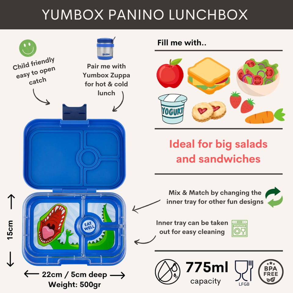 Yumbox Panino 4 Vakken Surf Blue / Dinosaur - Blauw