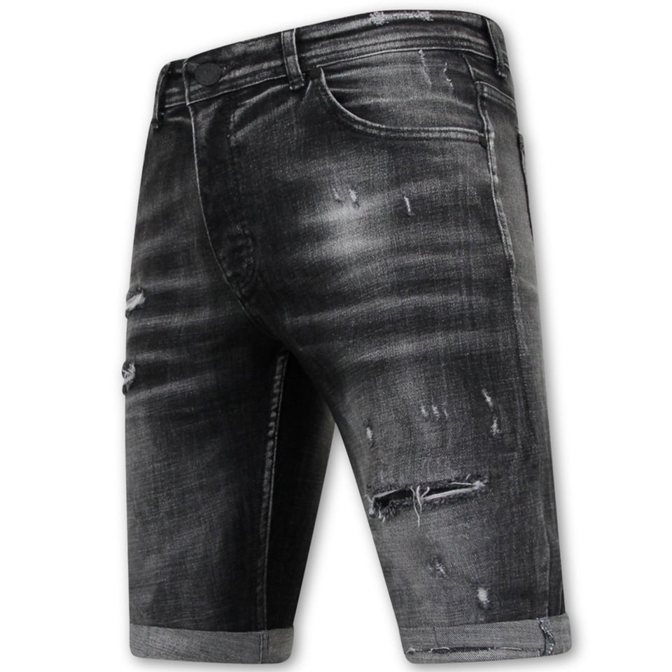 Stonewashed Ripped Mannen Short - Slim Fit -1085- Zwart