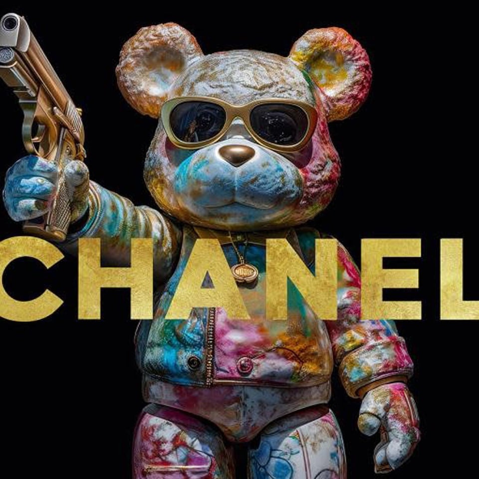 Glasschilderij Chanel Teddybeer Met Gun 80x60cm