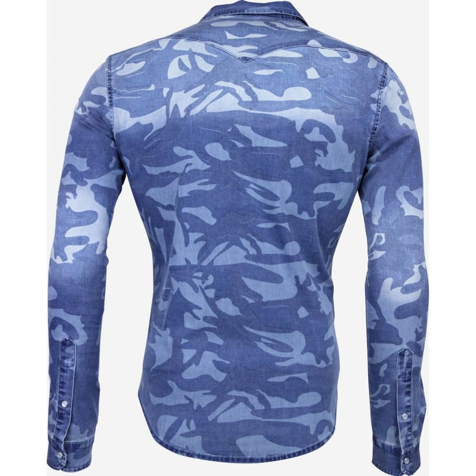 Denim Overhemd - Slim Fit Army Print - Blauw