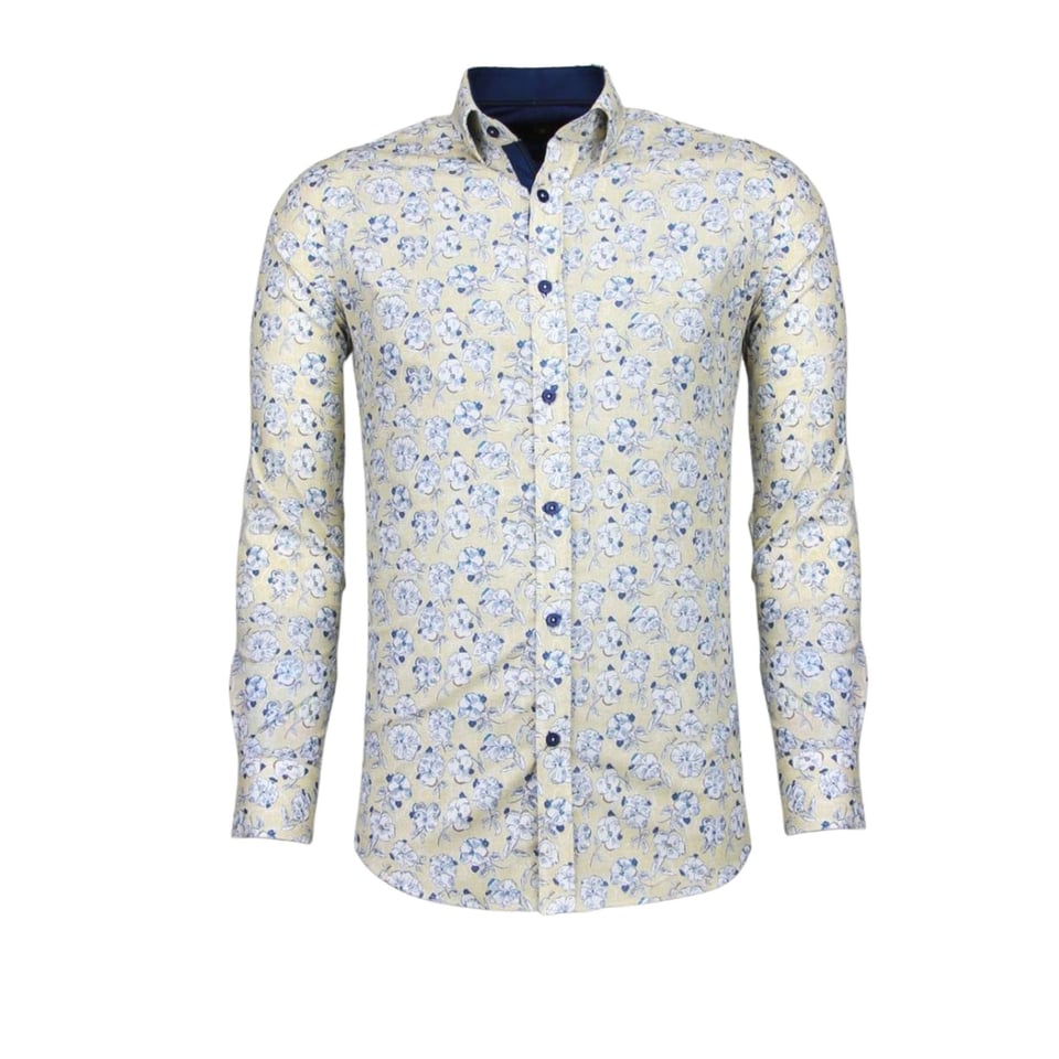 Italiaanse Overhemden - Slim Fit Overhemd - Blouse Drawn Flower Pattern - Beige