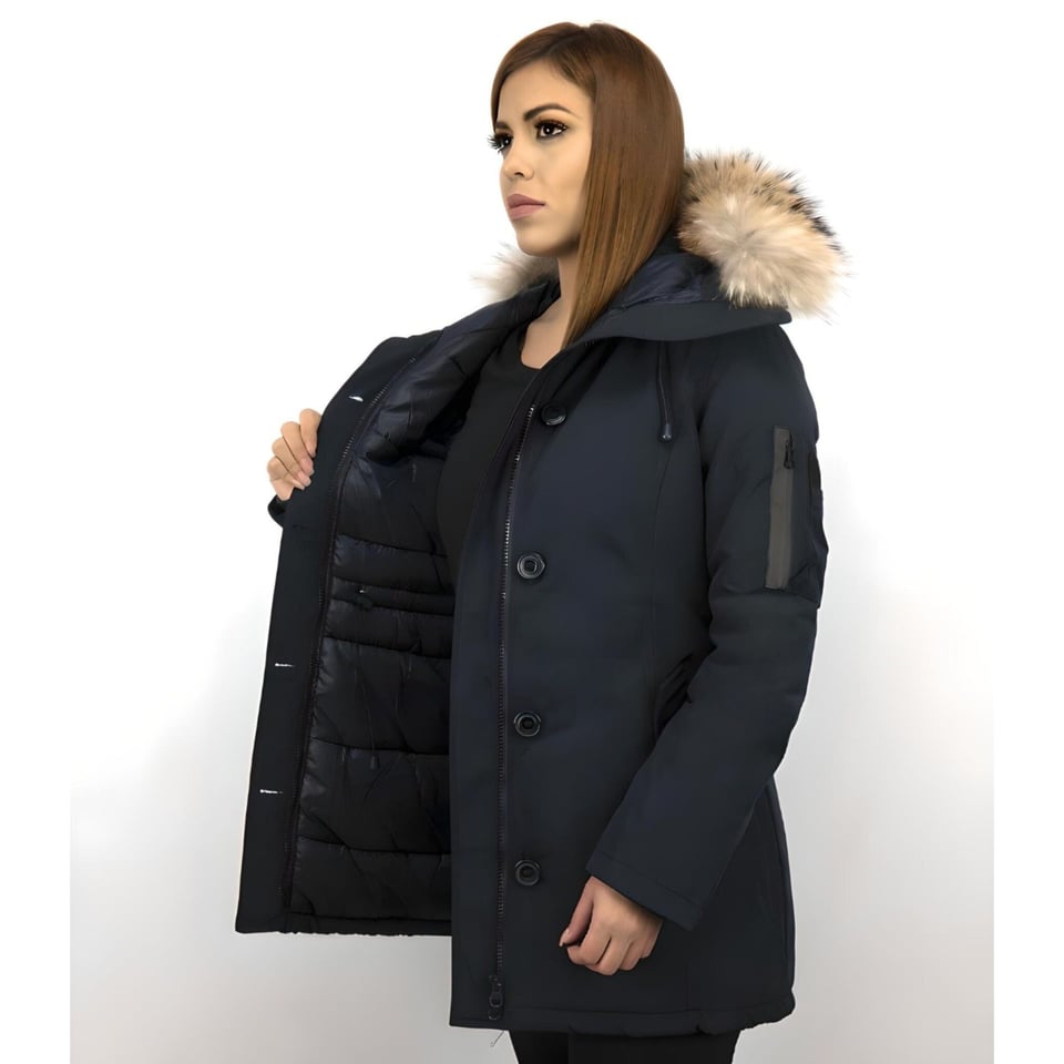 Lange Parka Jas Dames Met Bontkraag Blauw