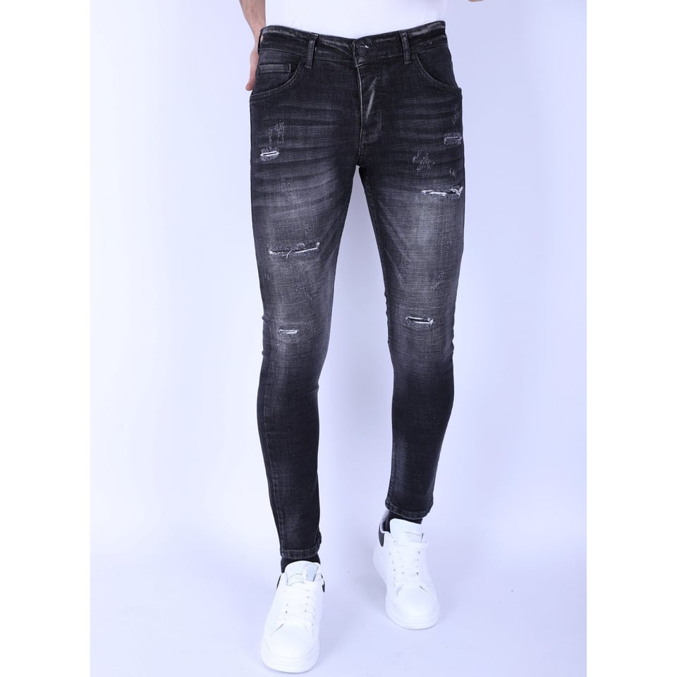 Stonewash Mannen Jeans Slim Fit Met Scheuren - 1096 - Grijs