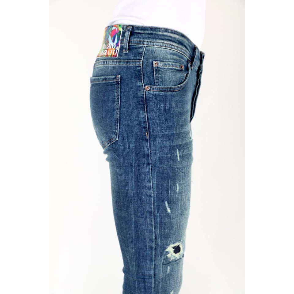 Blauwe Slim Fit Jeans Met Scheuren Heren -MM118- Blauw