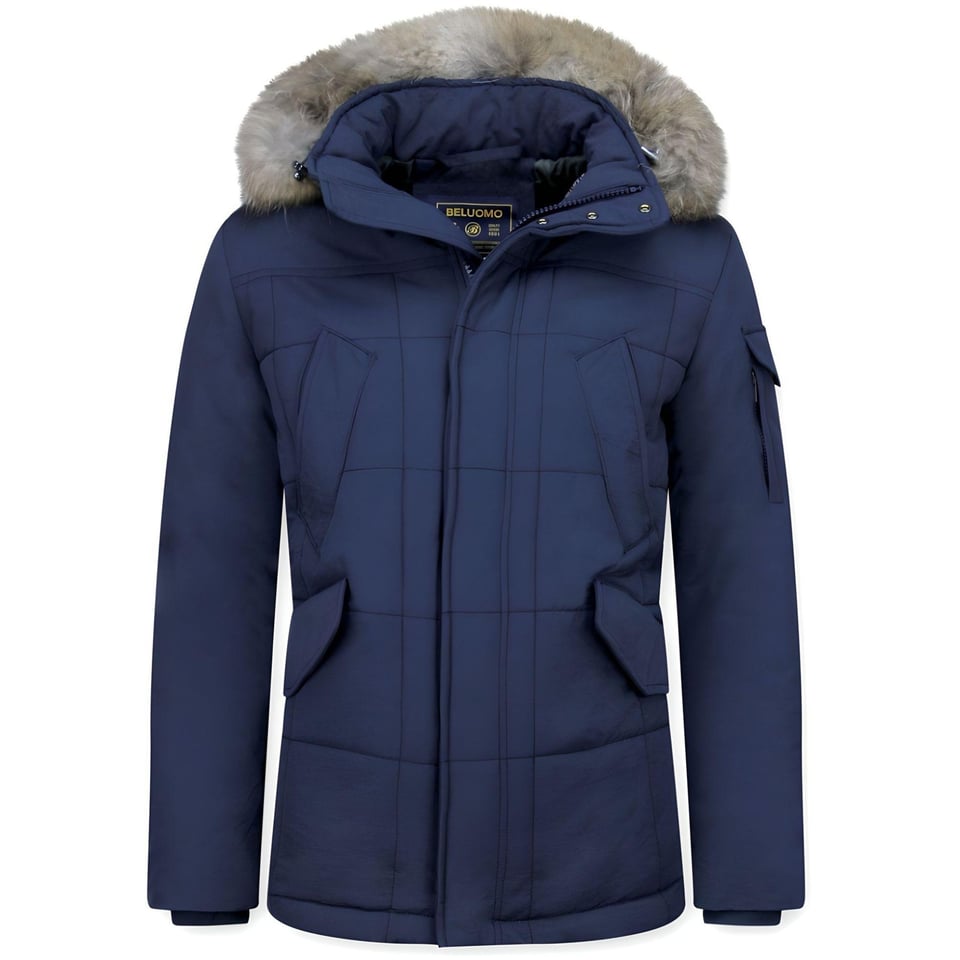 Bontjassen - Heren Winterjas Lang - Grote Bontkraag - Parka Ruiten - Blauw