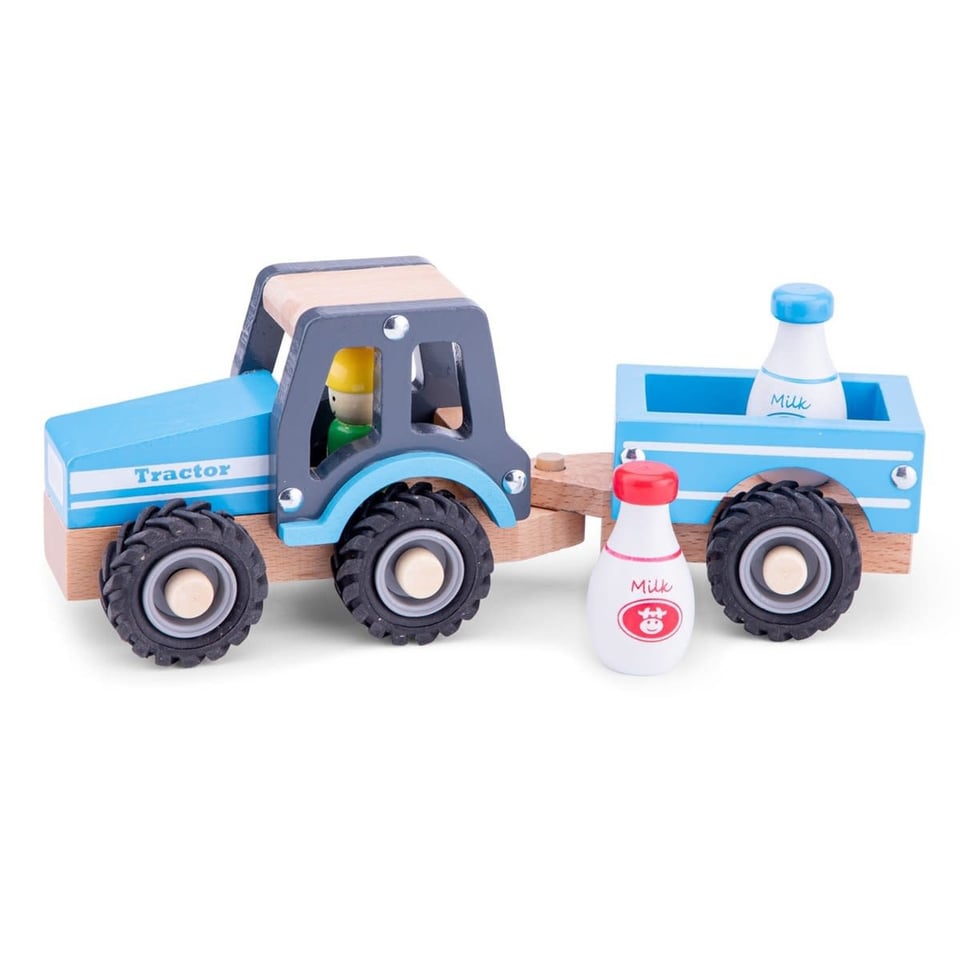 New Classic Toys Houten Tractor Met Aanhanger en Melkbussen +18 Mnd