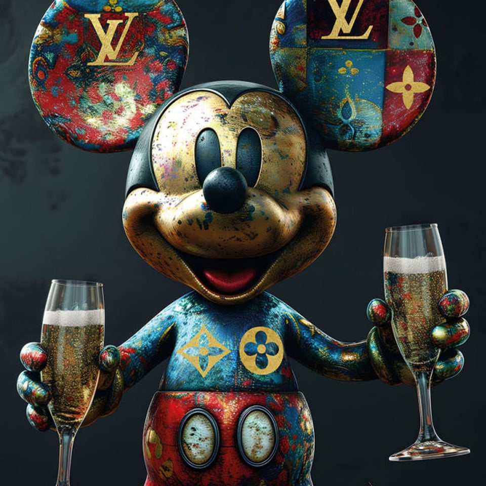 Glasschilderij Louis Vutton Mickey Champagne 60x80cm