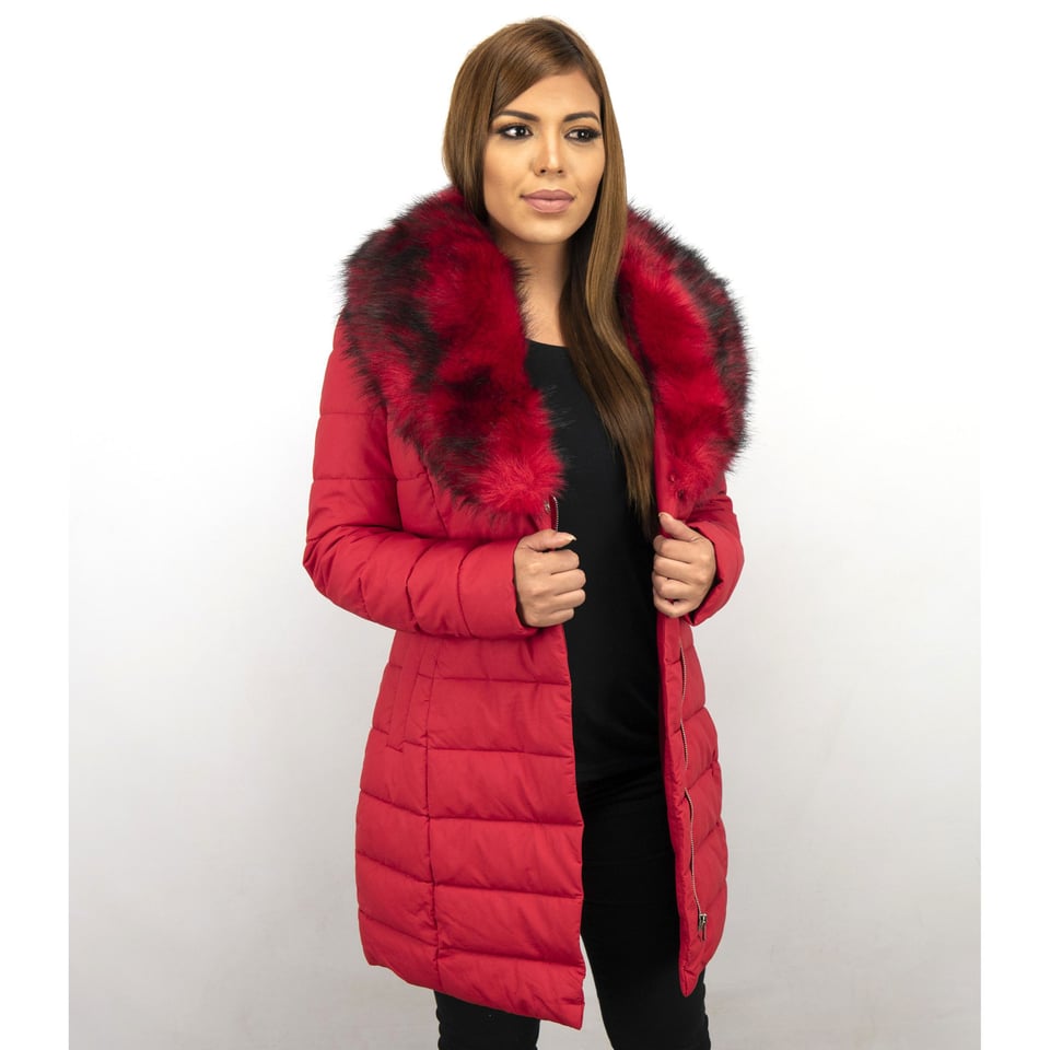 Lange Parka Dames Winterjas Met Rode Faux Bontkraag Rood