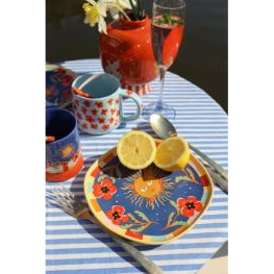 Donkerblauw Bord Met Zon en Bloemen