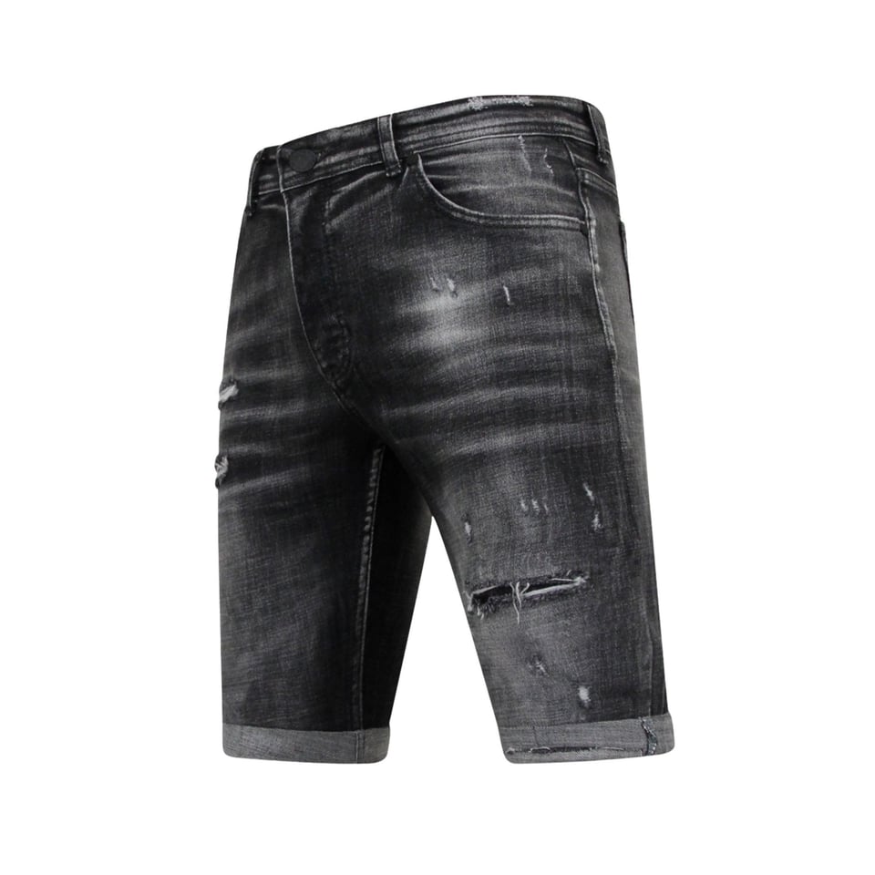 Stonewashed Ripped Mannen Short - Slim Fit -1085- Zwart