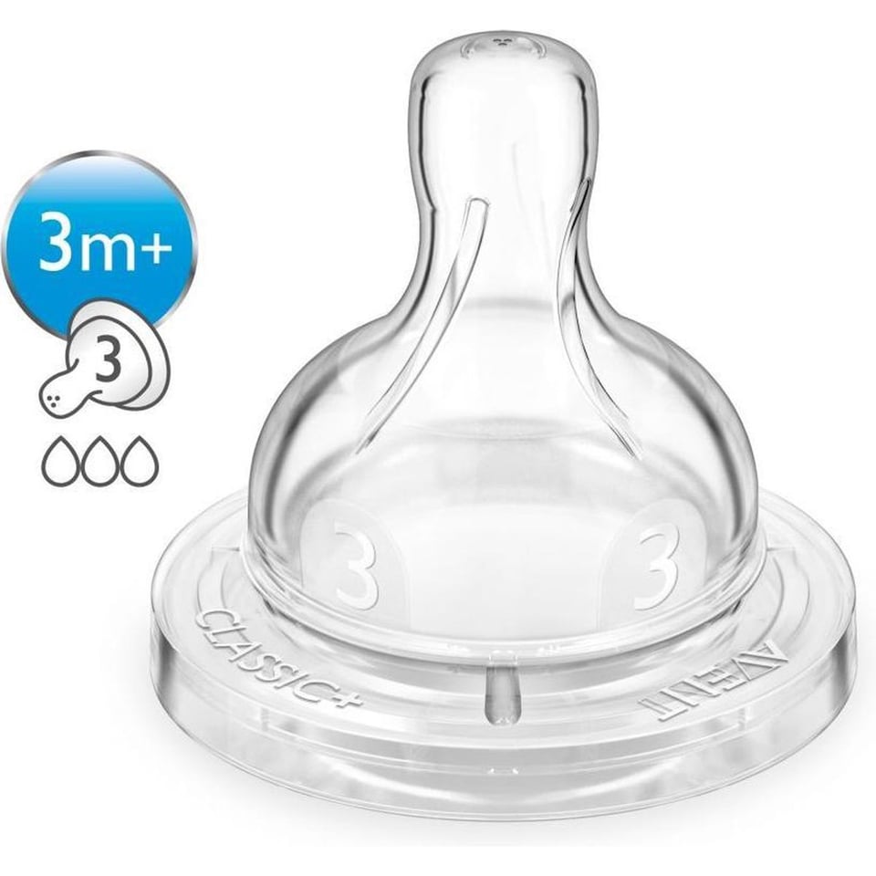 Philips Avent SCF633-27 Flesspenen Met 3 Gaten - 2 Stuks Philips Avent Classic+ SCF633-27 - Normale Speen Met Drie Gaten 3m+