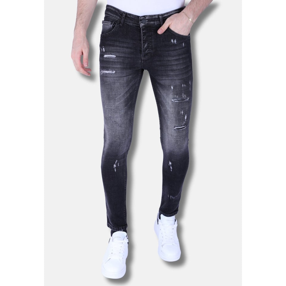 Heren Slim Fit Stone Wash Jeans Met Gaten -1102 - Grijs