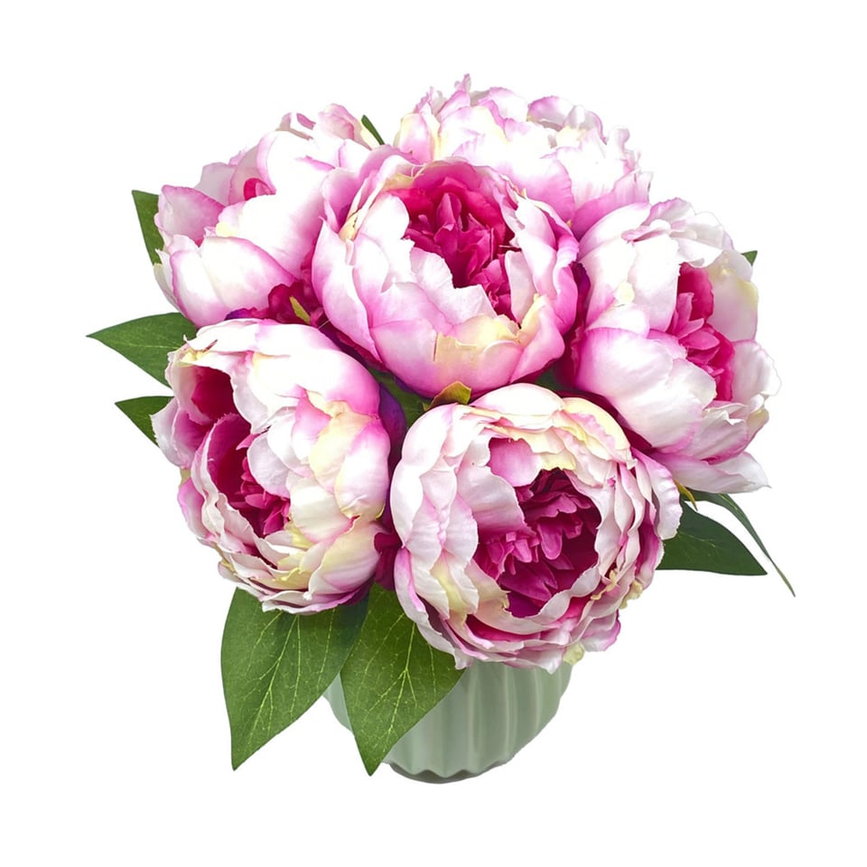 Kunstbloemen Boeket 6 Pioenrozen Fuchsia-Wit 29cm