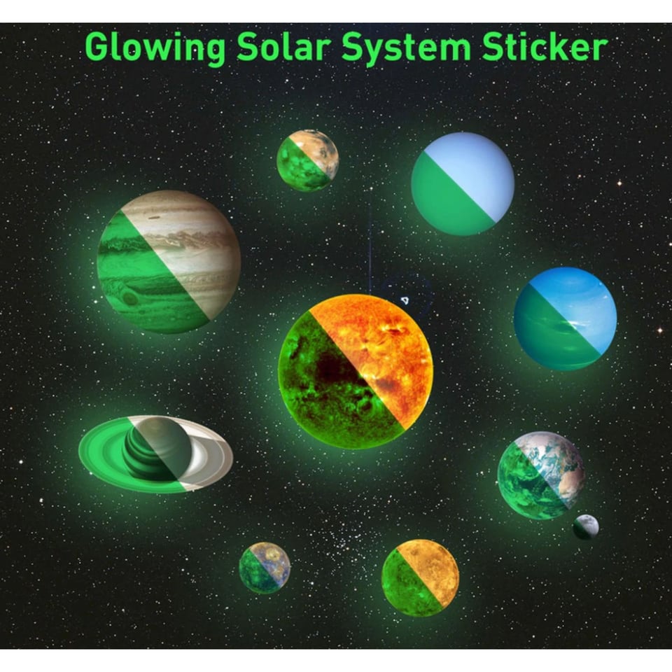 Zonnestelsel planeten stickers. Vinyl stickers glow in the dark muurstickers Planeten 10 stuks. Lichtgevende stickers.