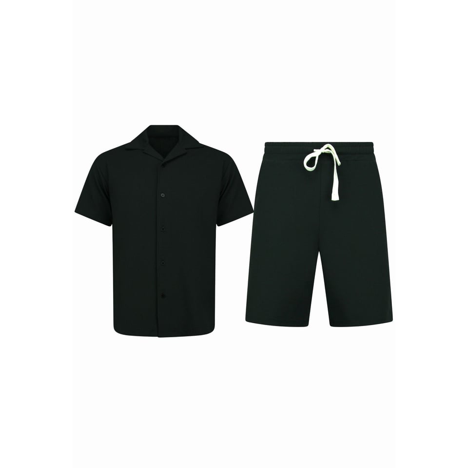 Twinset - Ribbed Oversized Shirt - Zomerset Heren - Two Piece Setje - Co Ord Set - F-915 - Zwart