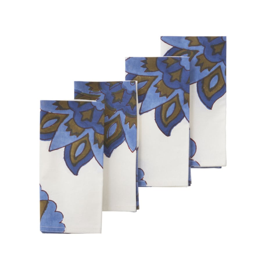 Bungalow Blauw Witte Blokprint Servetten Nomad Indigo, 4 Stuks 45 X 45 Cm