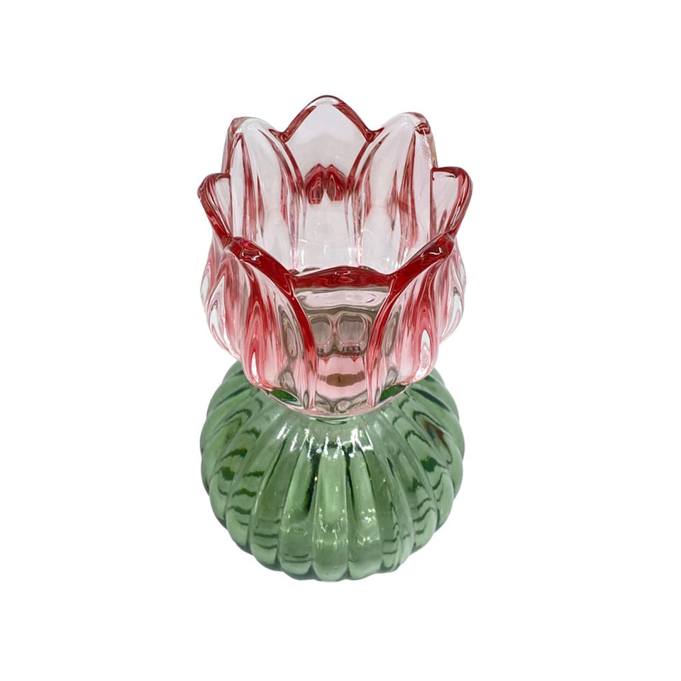 Waxinehouder Tulp Bol Roze Groen Glas 8x15cm