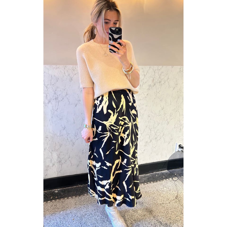 Satin Skirt - Black statement Printed Skirt - OneSize
