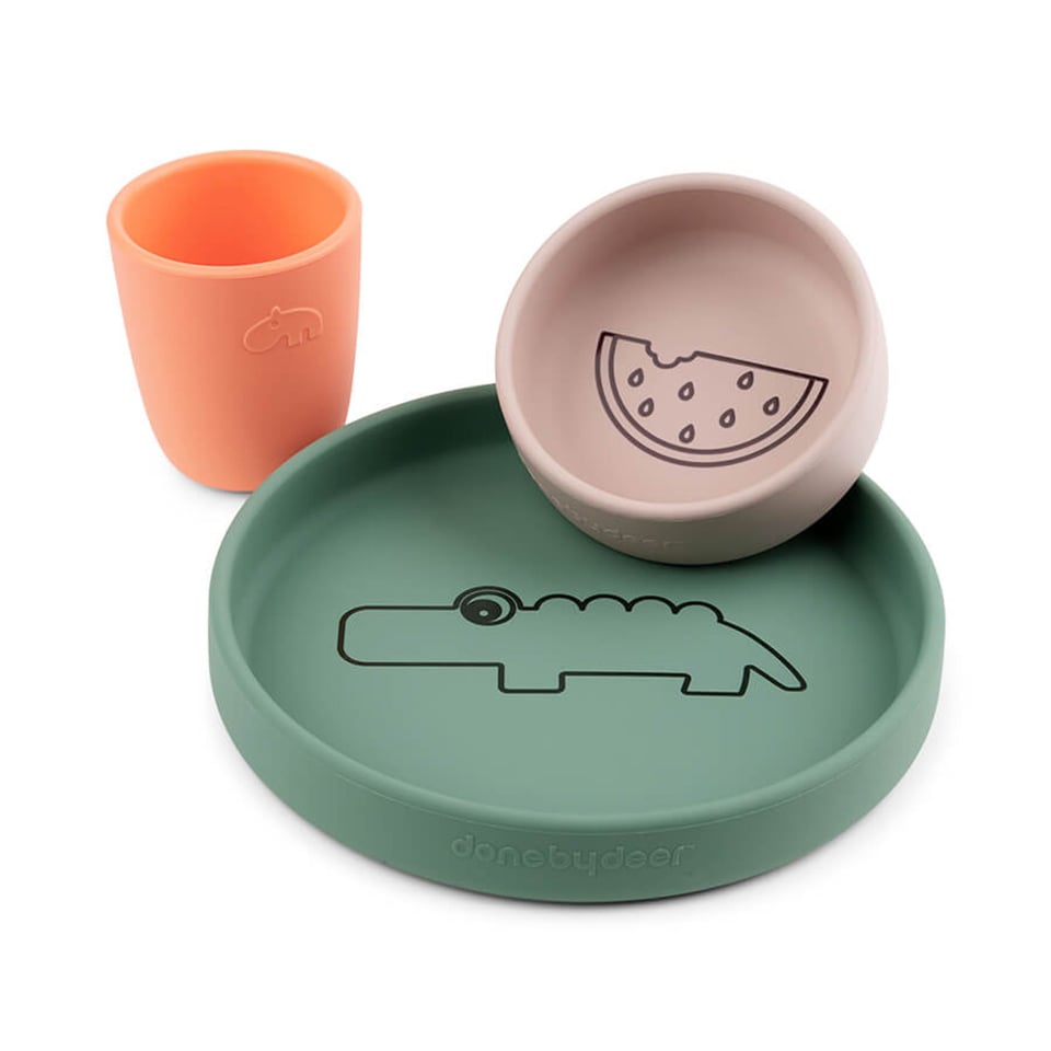 Silicone Dinner Set Croco Green/Powder/Coral