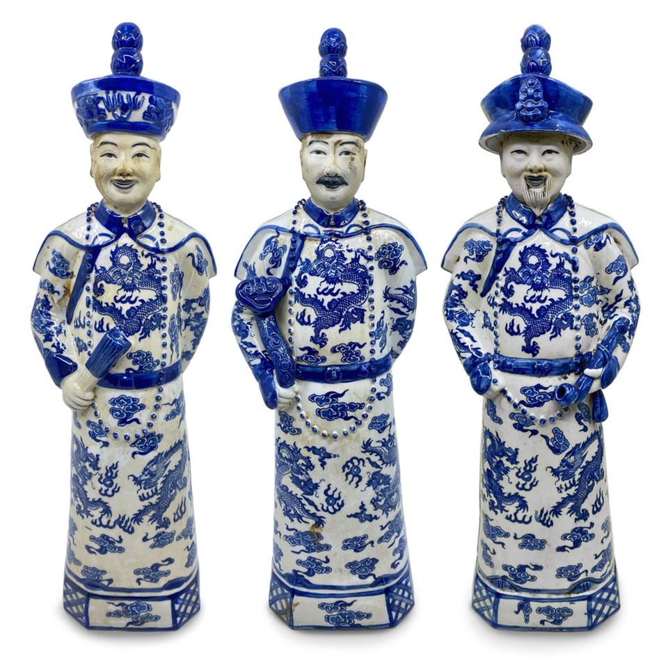 Beeld Chinese Keizer Zoon Staand Blauw Wit 12x45cm - Kleur: Porselein - Maat: H45cm