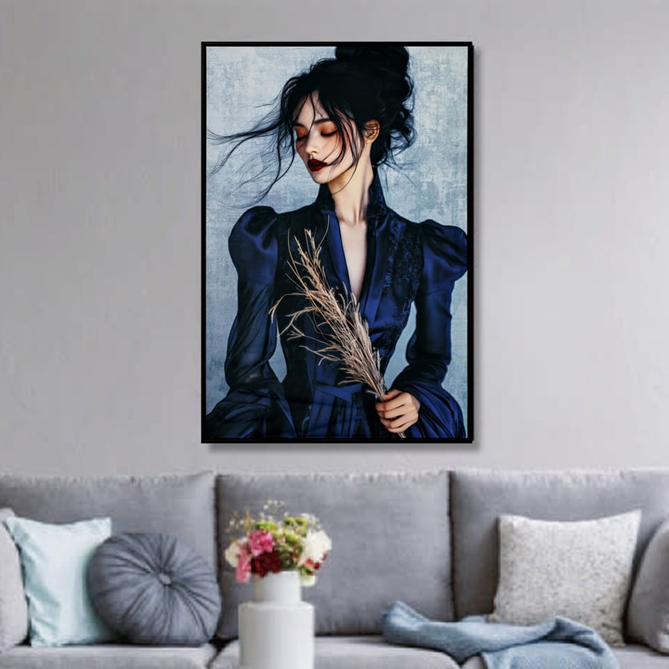 Schilderij Vrouw in Blauwe Jurk Op Fluweel 83x123cm Ingelijst