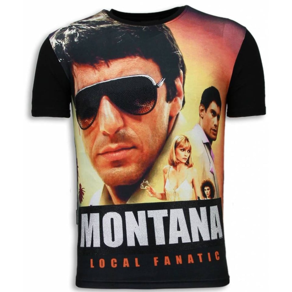 Tony Montana - Digital Rhinestone T-Shirt - Zwart