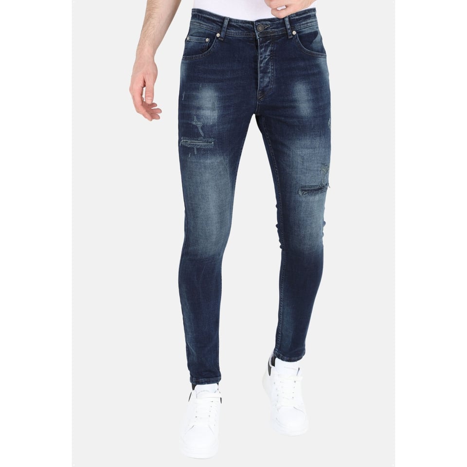 Donkerblauwe Stonewash Jeans Met Gaten Strech -MM120