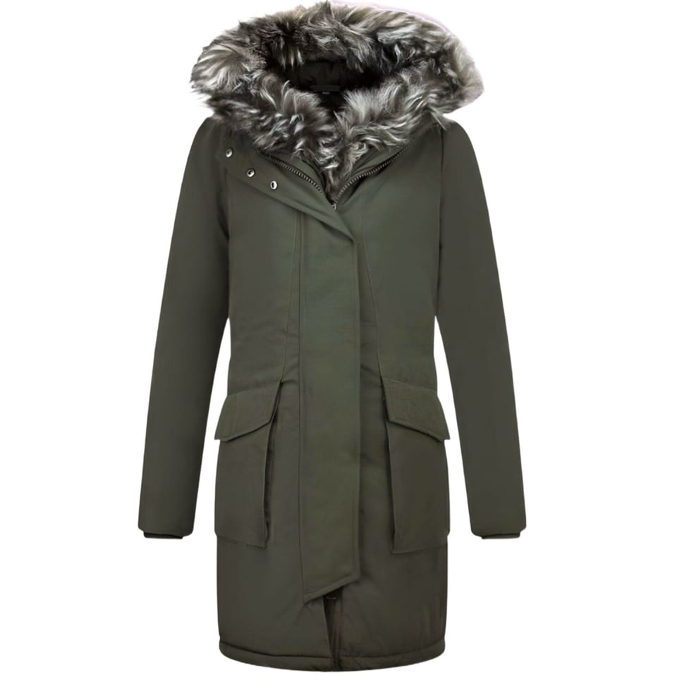 Lange Parka Jas Dames Met Faux Bontkraag Groen
