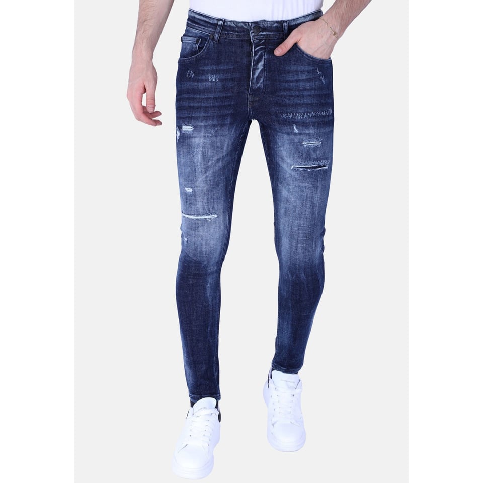 Donkerblauwe Slim Fit Heren Jeans Met Gaten - 1101 - Blauw