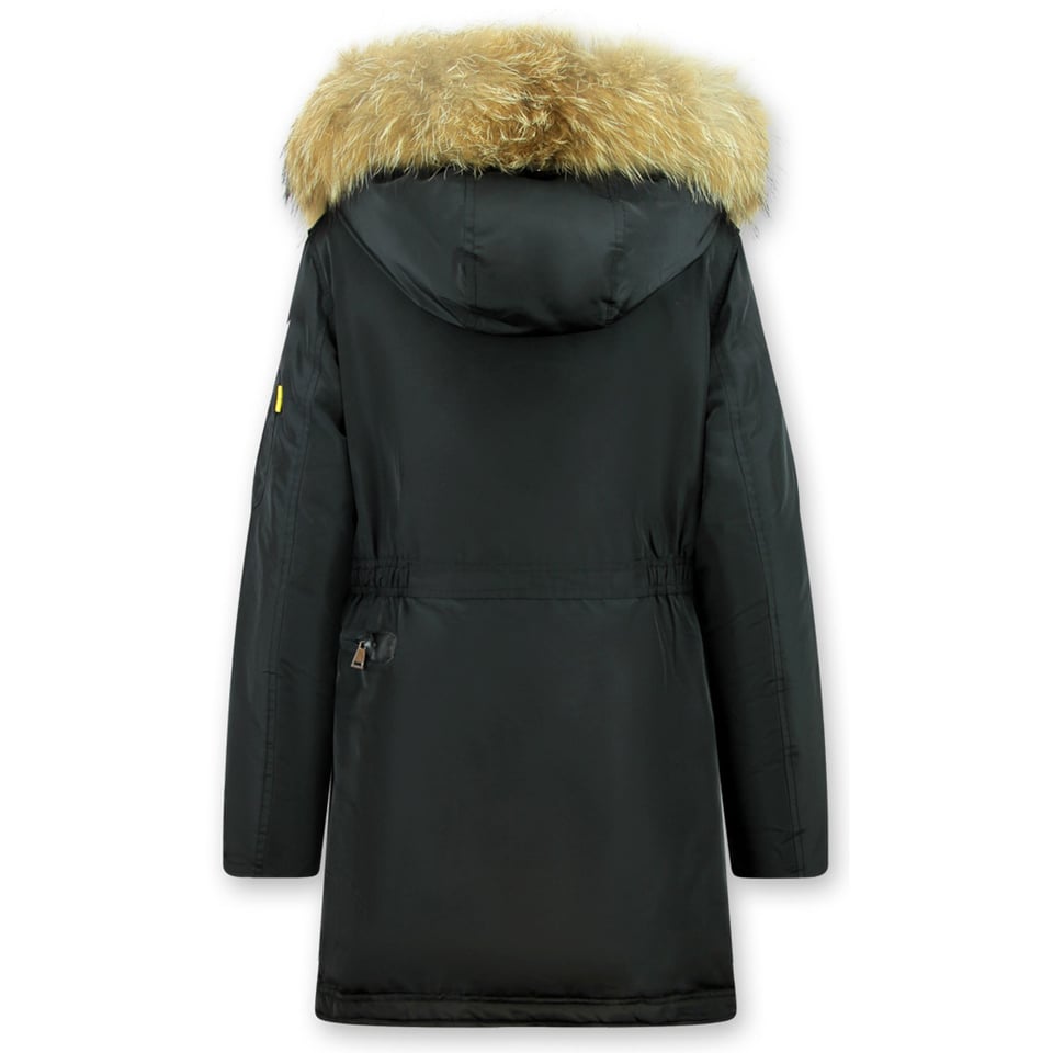 Lange Parka Winterjas Dames Met Bontkraag Zwart