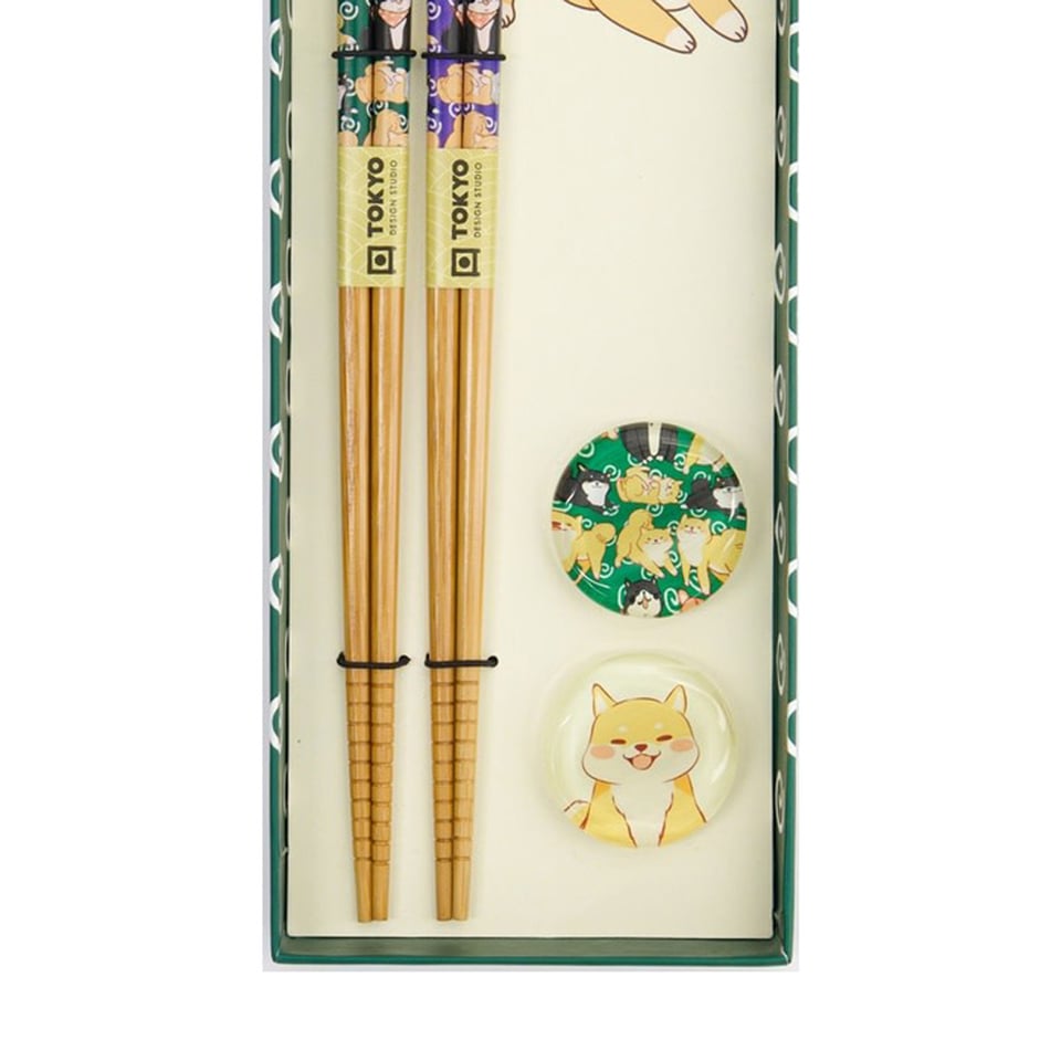 Eetstokjes Shiba Dog Met Opleggers Set 2 in Cadeau Doos