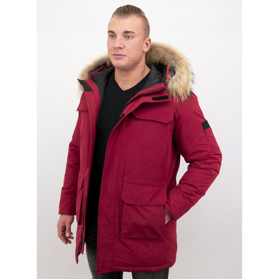 Parka Heren Winterjas Met Grote Echte Bontkraag Rood