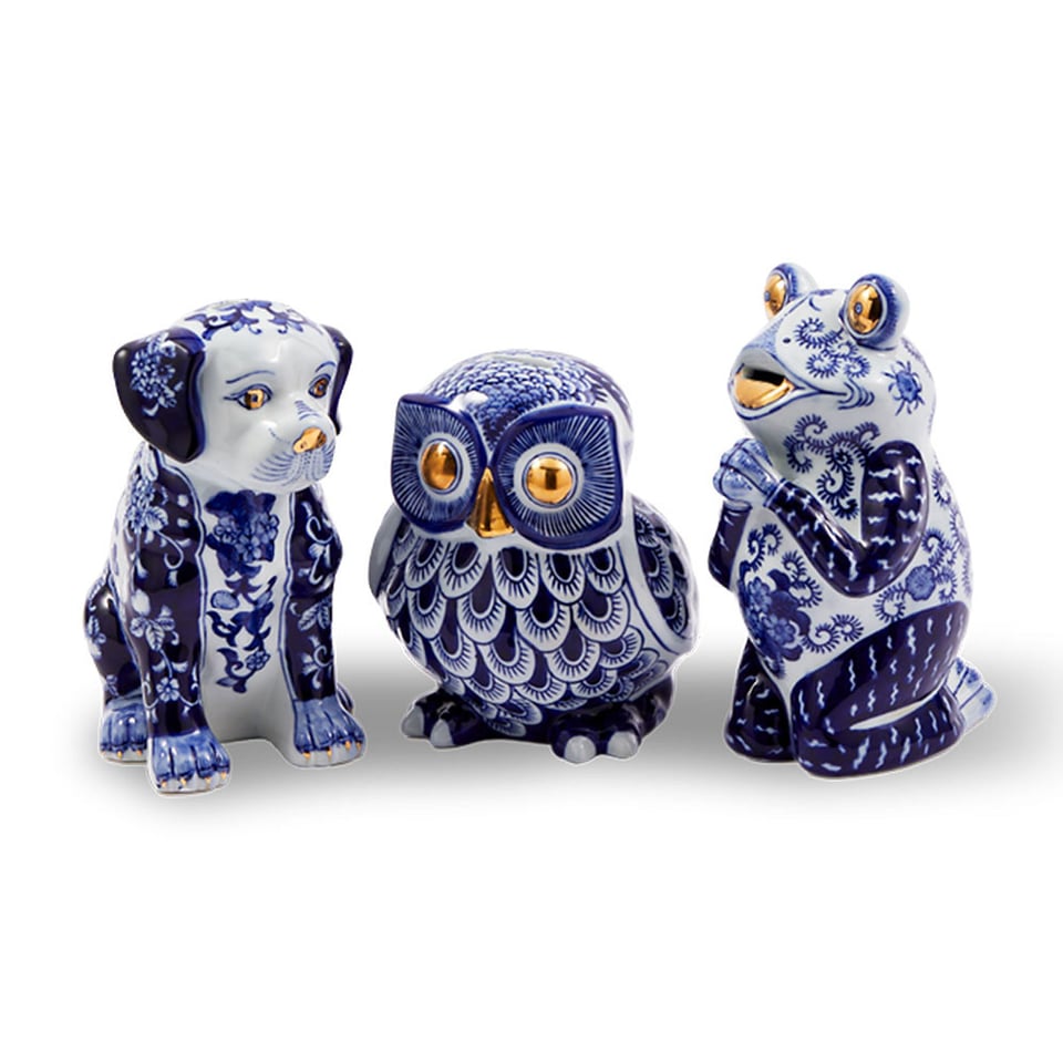 Beeld Spaarpot Kikker Blauw Goud Porselein 14x26cm