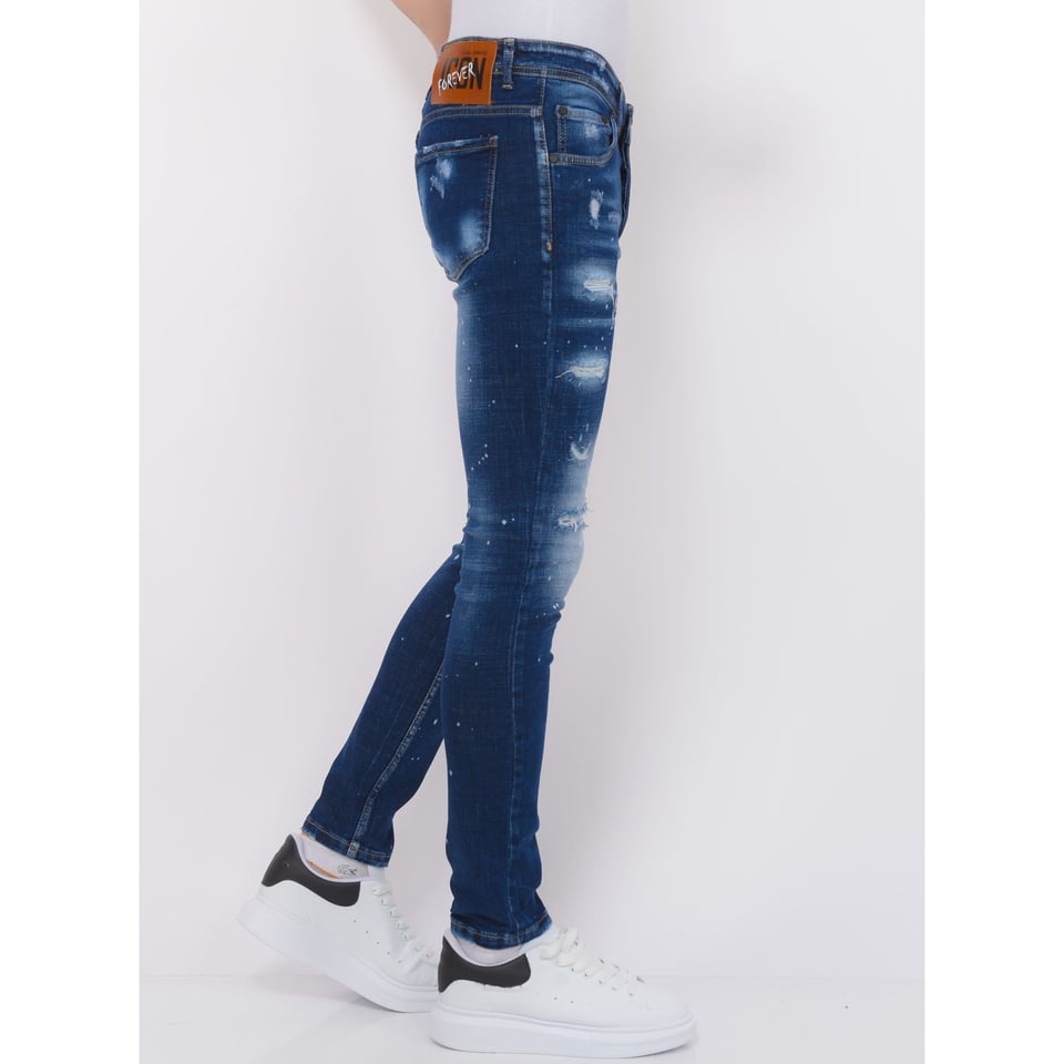 Stretch Denim with Paint Splash Heren - Slim Fit -1074- Blauw