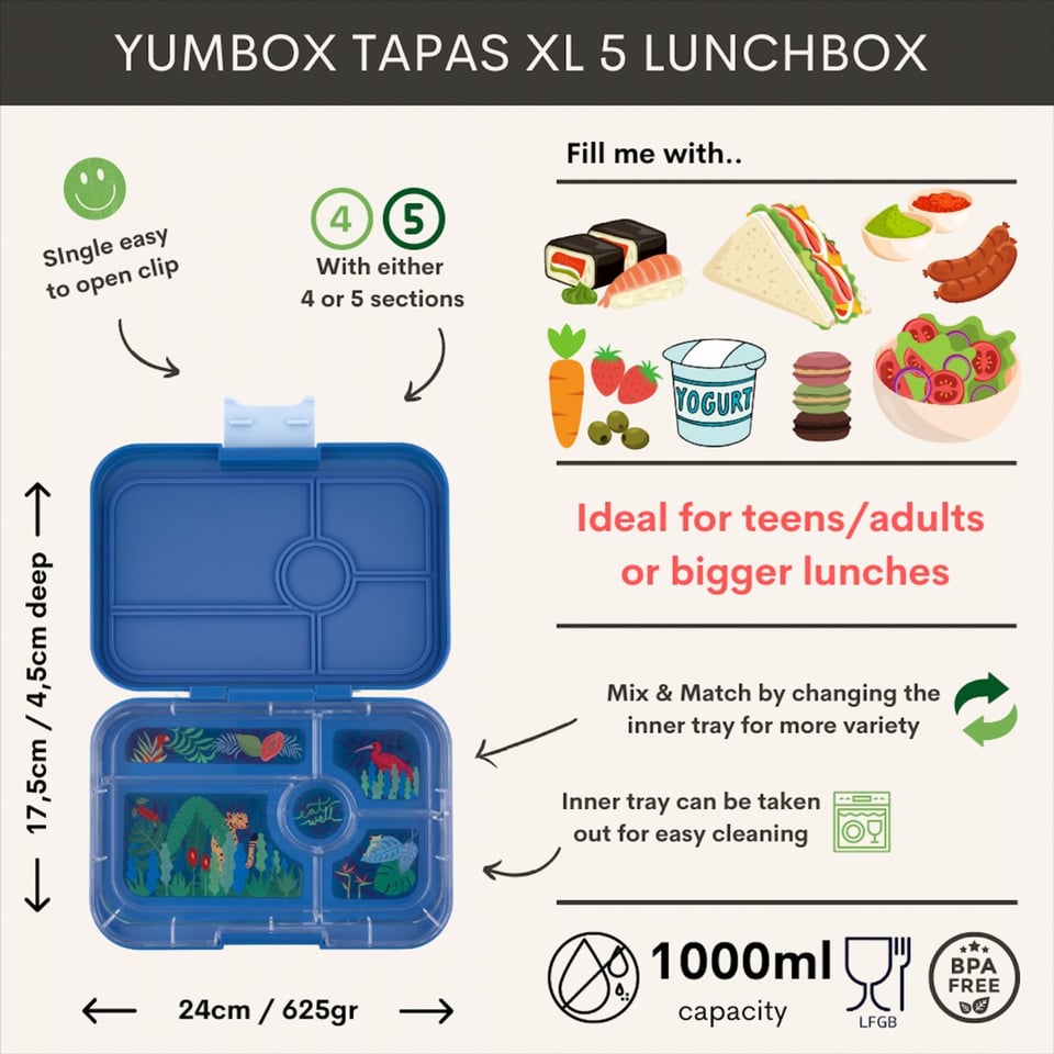 Yumbox Tapas XL Met 5-Vakken - True Blue / Jungle Tray 5 Vakken