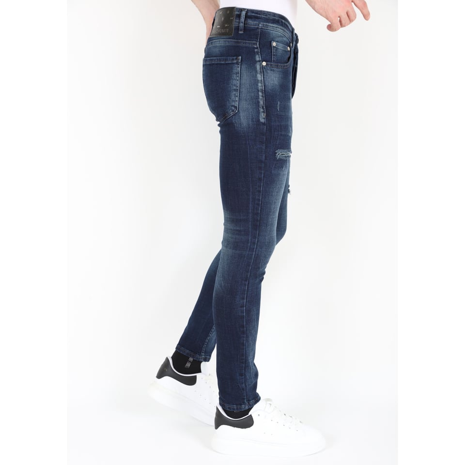 Donkerblauwe Stonewash Jeans Met Gaten Strech -MM120