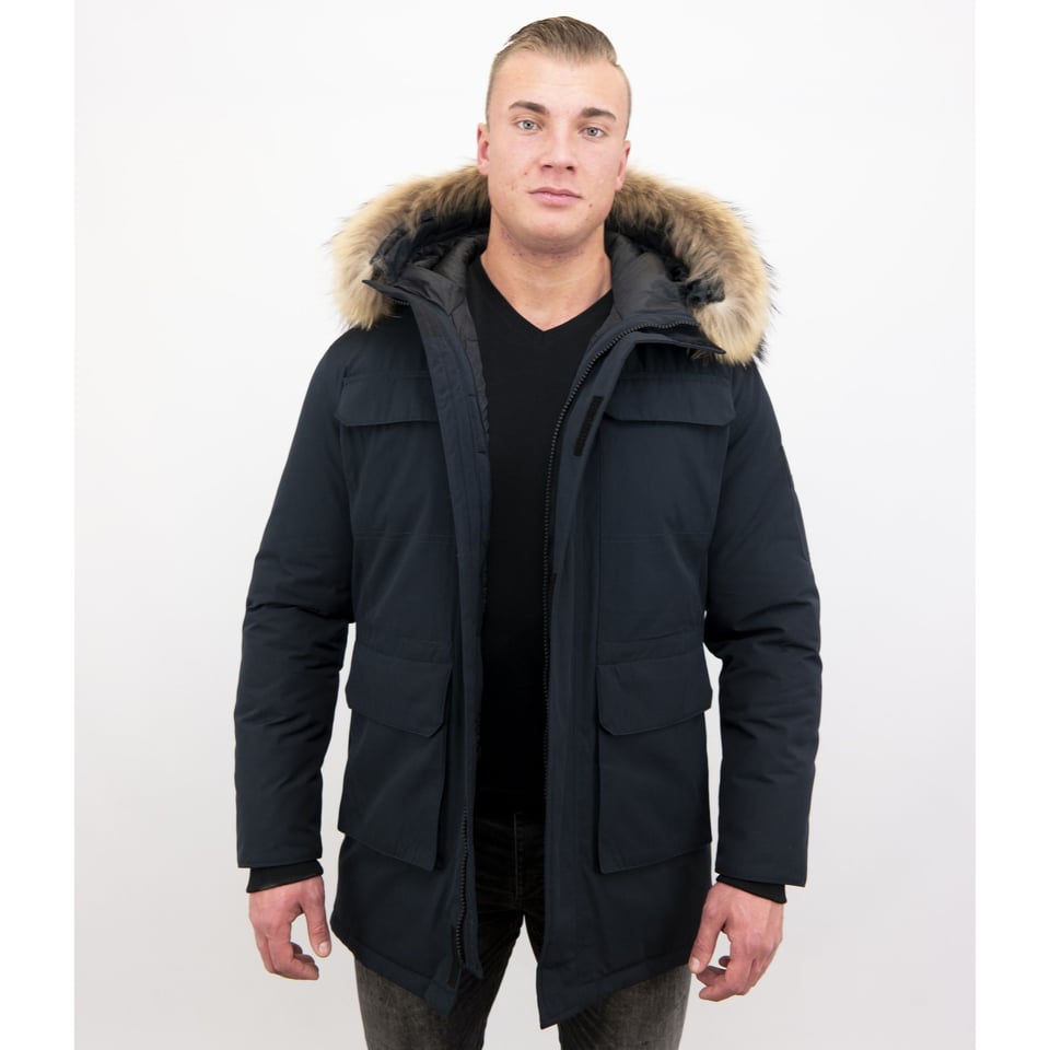Parka Heren Winterjas Met Grote Echte Bontkraag Blauw