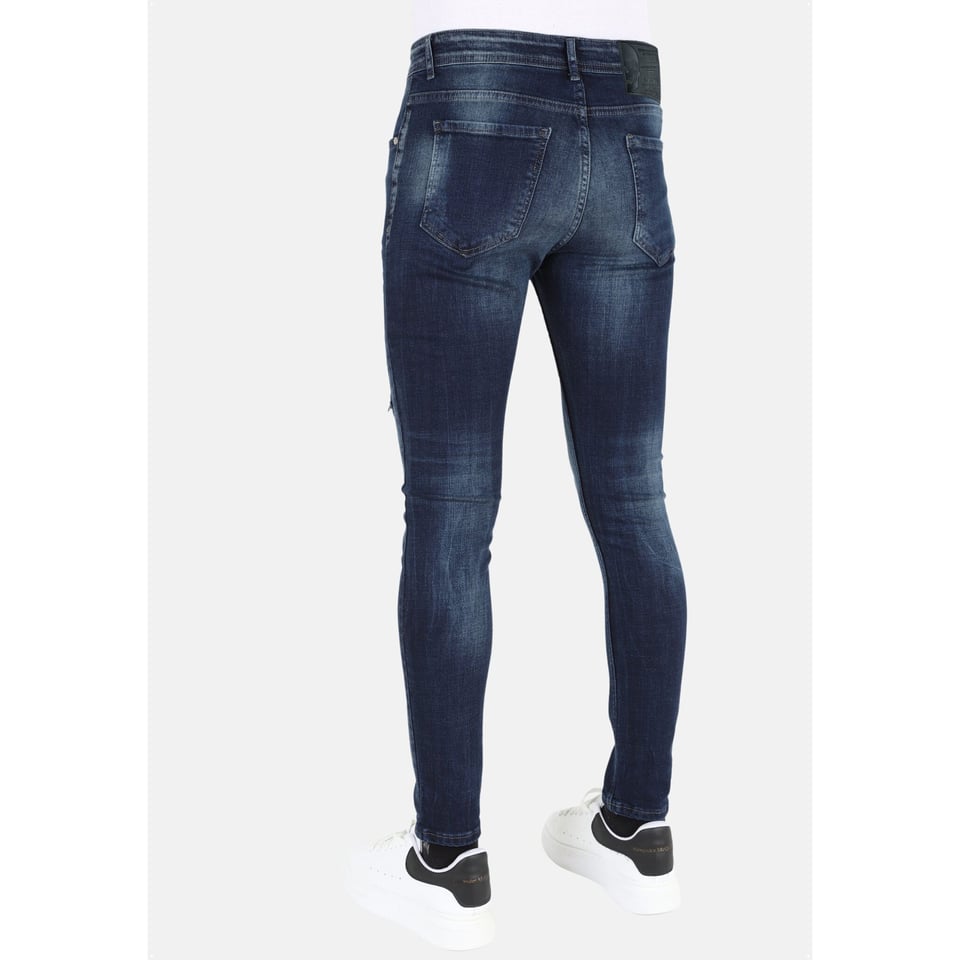 Donkerblauwe Stonewash Jeans Met Gaten Strech -MM120