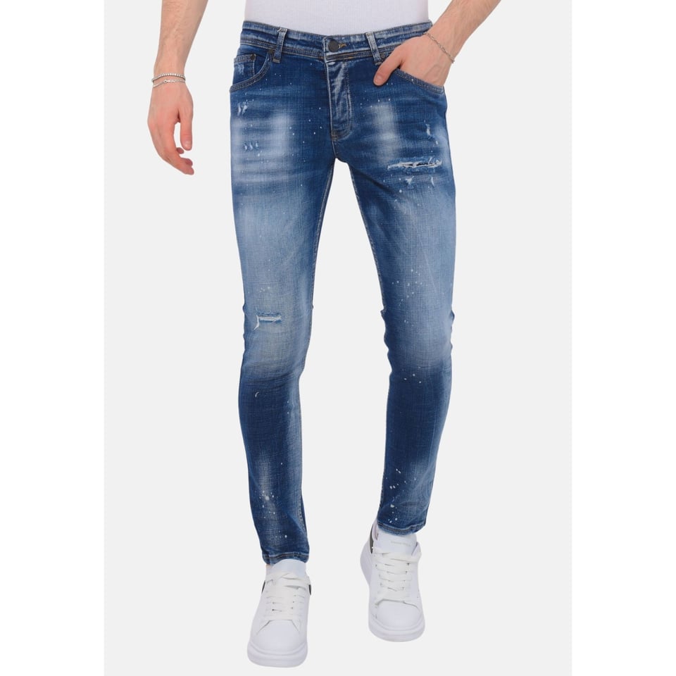 Paint Splash Ripped Jeans Heren - Slim Fit -1071- Blauw