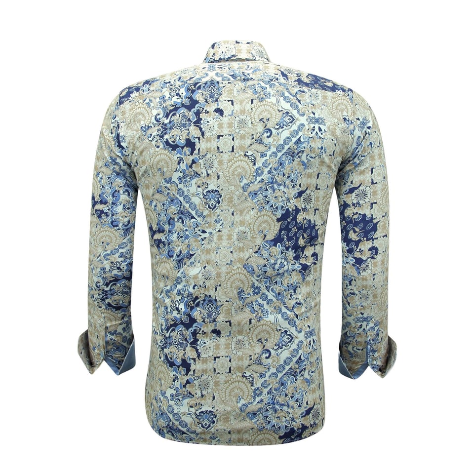 Heren Print Overhemden Lange Mouw Slim Fit - 3140 - Blauw