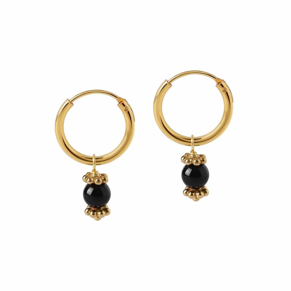 Gold Plated Hoop Earrings with Black Onyx - Black Onyx / Gold Plated Silver