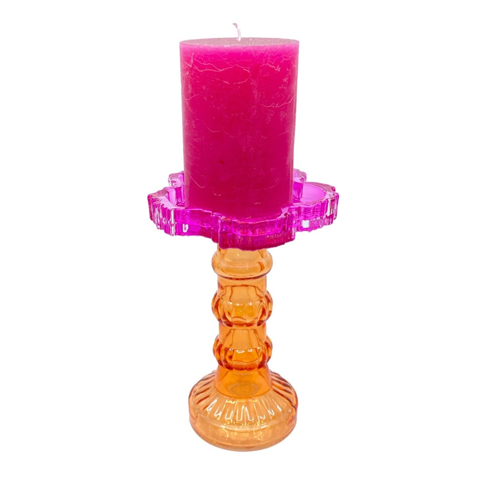 Kandelaar Flower Fuchsia Oranje Glas 12x17cm Voor Blokkaars